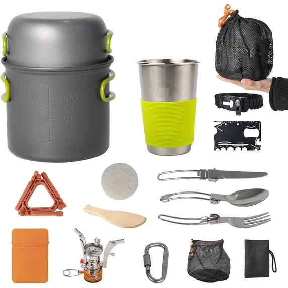 Camping Cookware Mess Kit, Backpacking Cooking Set, Lightweight Pots and Stove Set for Outdoor Cooking, Ideal for Camping, Hiking, Backpacking and Picnic