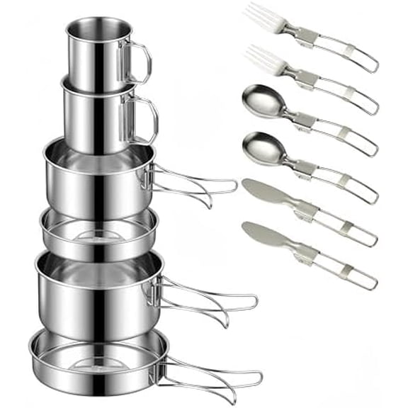 Camping Cookware Mess Kit Set 304 Stainless Steel 12-Piece Lightweight Backpacking Cooking Set Outdoor Cook Gear for Family Hiking, Picnic(Pot, Frying Pan, Bowl, Plate, Spoon, Fork)