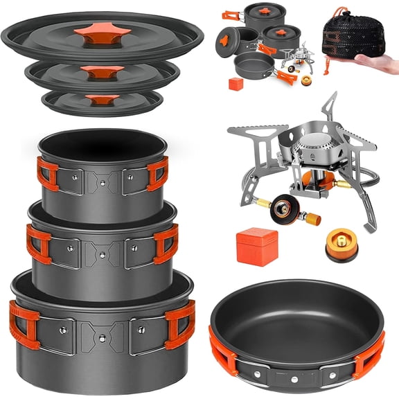 Camping Cookware Mess Kit Set with Portable Stove: 1.2+2.0+3.3 Liter Pots, Pan, Lids, and 3500W Foldable Stove