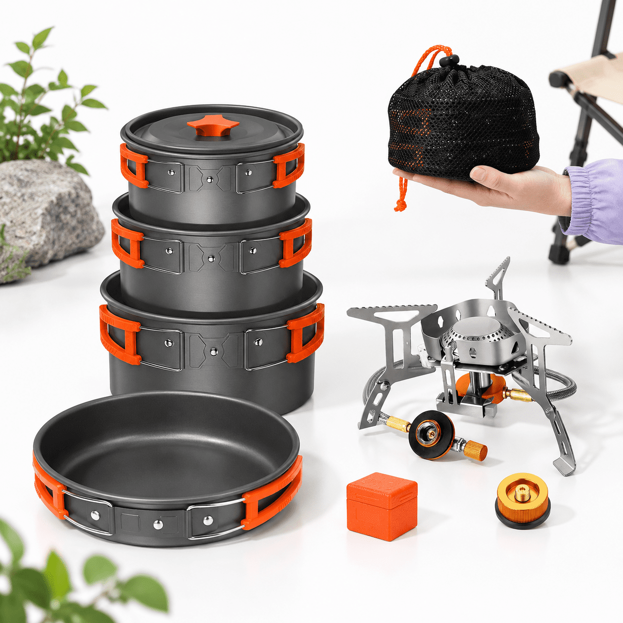 Camping Cookware Mess Kit With Stove, 1.2+2.0+3.3 Liter Pot, Portable ...