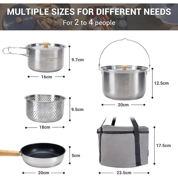 Camping Cookware Set 304 Stainless Steel Campfire Cooking Pots Pan and Kettle with Travel Tote Bag for Camping Outdoor Kitchen Cooking Picnic for 4-6