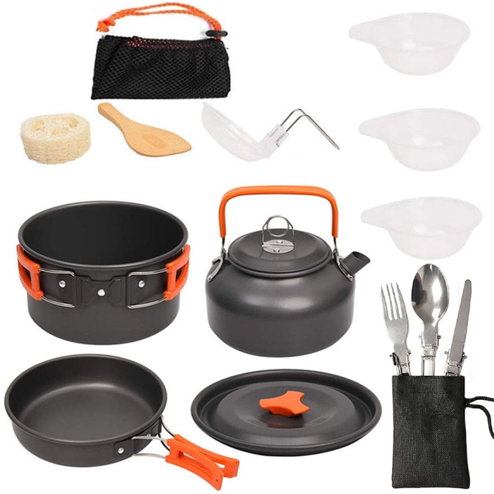 Nineigh Camping Cookware Set, Camping Kitchen Gear, Camp Utensil Set Stainless Steel Grill Tools, Camping Cooking BBQ Equipment Kit for Travel Tent
