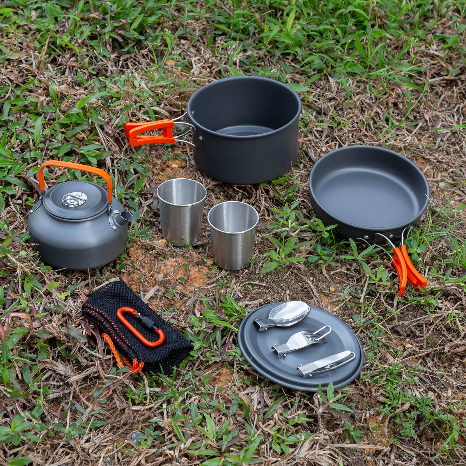 Odoland Camping Cookware Mess Kit Lightweight Pot Pan Kettle with 2 Cups Fork Spoon Kit for Backpacking Outdoor Camping Hiking and Picnic, Gray
