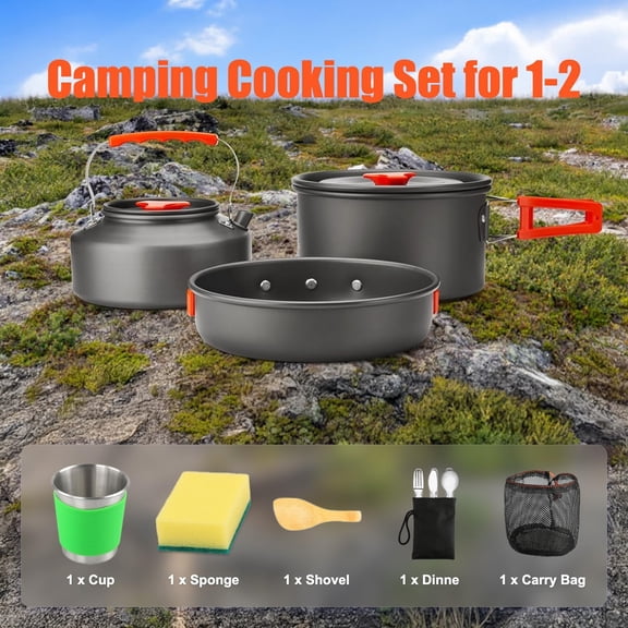 Camping Cookware Set Non-Stick Lightweight Pot Pan with Kettle Plates Spoon for Backpacking Hiking Outdoor Cooking Picnic