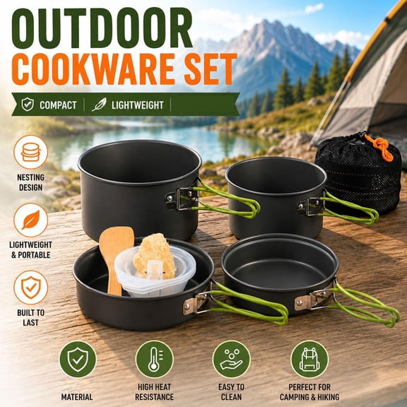 Camping Cookware Set for Backpacking, 2 Pot 2 Pan Aluminum Mess Kit with Mesh Bag, Lightweight Hiking Stove Cookware for 2-3 People
