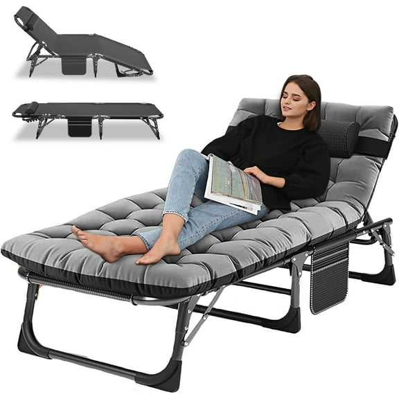 Camping Cot, Adjustable 4-Position Adults Reclining folding Chaise with Pillow, Outdoor portable Lounge Chair Sleeping Cots Bed, Perfect for Camping, Pool, Beach, Patio