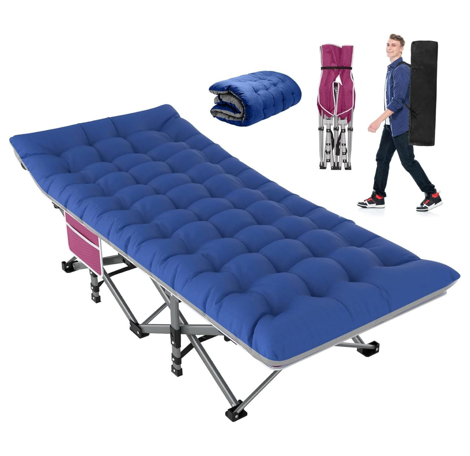 Camping Cot, Cot for Adults 450lbs Load Capacity, Folding Cot with Carry Bag, Pad, Portable Camp Bed Tent Camp Cots for Sleeping,Home Office Travel Beach Napping Red Cot X-Large Red Blue