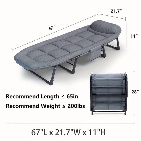 Camping Cot Recliner Portable Folding Bed with Pillow Adjustable Backrest Heavy Duty Frame for Sleeping Travel Office Indoor Outdoor Use