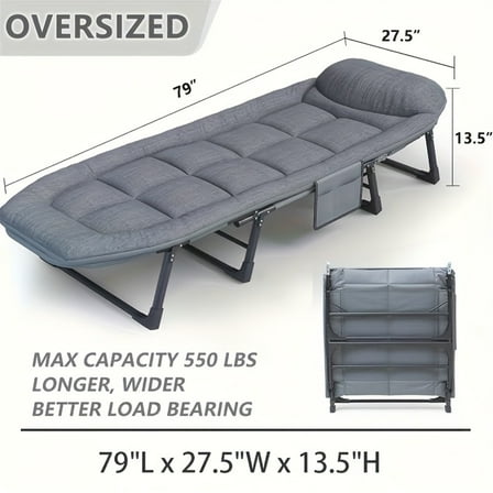 Camping Cot Recliner Portable Folding Bed with Pillow Adjustable Backrest Heavy Duty Frame for Sleeping Travel Office Indoor Outdoor Use