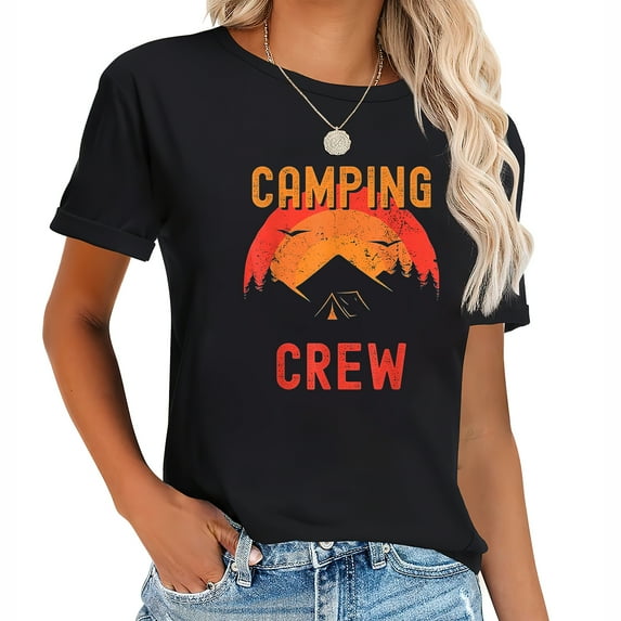 Camping Crew 2022 Family Camper Trip Road Matching Stylish Women's Short Sleeve Shirt with Eye-Catching Print