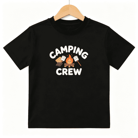 Camping Crew Boys Graphic Print T-Shirt, Cute Outdoor Campfire S'mores 100% Cotton Kids Short Sleeve Tee