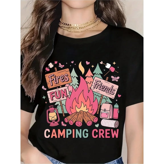 Camping Crew T-Shirt For Women - Fun Outdoor Adventure Design With Campfire, Friends & Nature Elements - Perfect For Camping, Hiking, And Summer Outdoors Activities