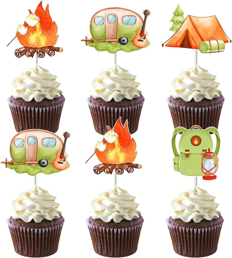 24 Stück Happy Camper Cupcake-Topper – Camping-Motiv Mit Zelt, Lagerfeuer, Auto | Für Wald-, Outdoor- & Holzfäller-Partys | Wiederverwendbare Papier-Deko