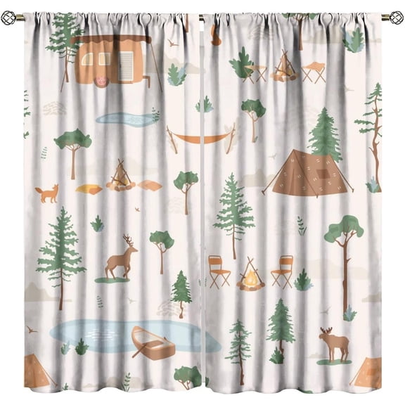 Camping Curtains, Rustic Country Forest Vacation Outdoor Wildlife Animals Deer Moose Nature Scene Print Window Treatments for Farmhouse Kitchen Bedroom, 72" W X 63" L,