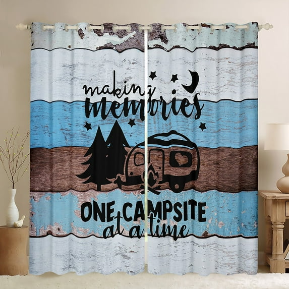 Camping Curtains & Drapes,Camper Themed Blackout Curtains Camper Decor,RV Travel Car Camping Window Curtains,Sketch Drawing Wood Vintage Window Treatments Blue Brown