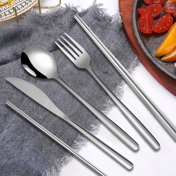 Camping Cutlery Set 7 Piece, Stainless Steel Utensil Set with Knife Fork Spoon Chopsticks Straw Brush, Portable Travel Flatware Set with Case for Picnic Camping Office Lunch Use