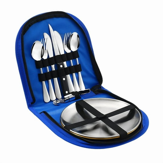 Camping Cutlery Stainless Steel Travel Cutlery Set with Organizer Bag Flatware Utensil Kit Portable Silverware Tableware (Blue Silver)
