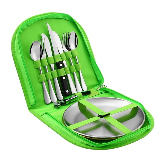 Camping Cutlery Stainless Steel Travel Cutlery Set with Organizer Bag Flatware Utensil Kit Portable Silverware Tableware (Green Silver)
