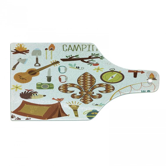 Camping Cutting Board, Cartoon Items Composition with Fleur de Lis Guitar Bonfire Trees Backpack Tent, Decorative Tempered Glass Cutting and Serving Board, in 3 Sizes, by Ambesonne