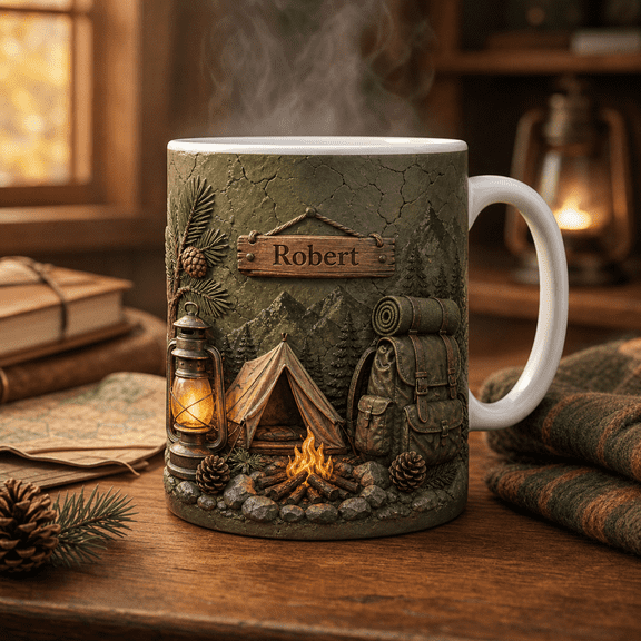 Camping Dad Accent Mug Personalized Father’s Day Gift with Lantern Tent Campfire Backpack