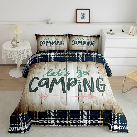 Camping Decor Bedding Comforter Sets , Happy Camping Bedding for Camper Camping Fan Rv Travel Trailers Comforter Set Vintage Rustic Wooden Planks Down Comforter, Queen