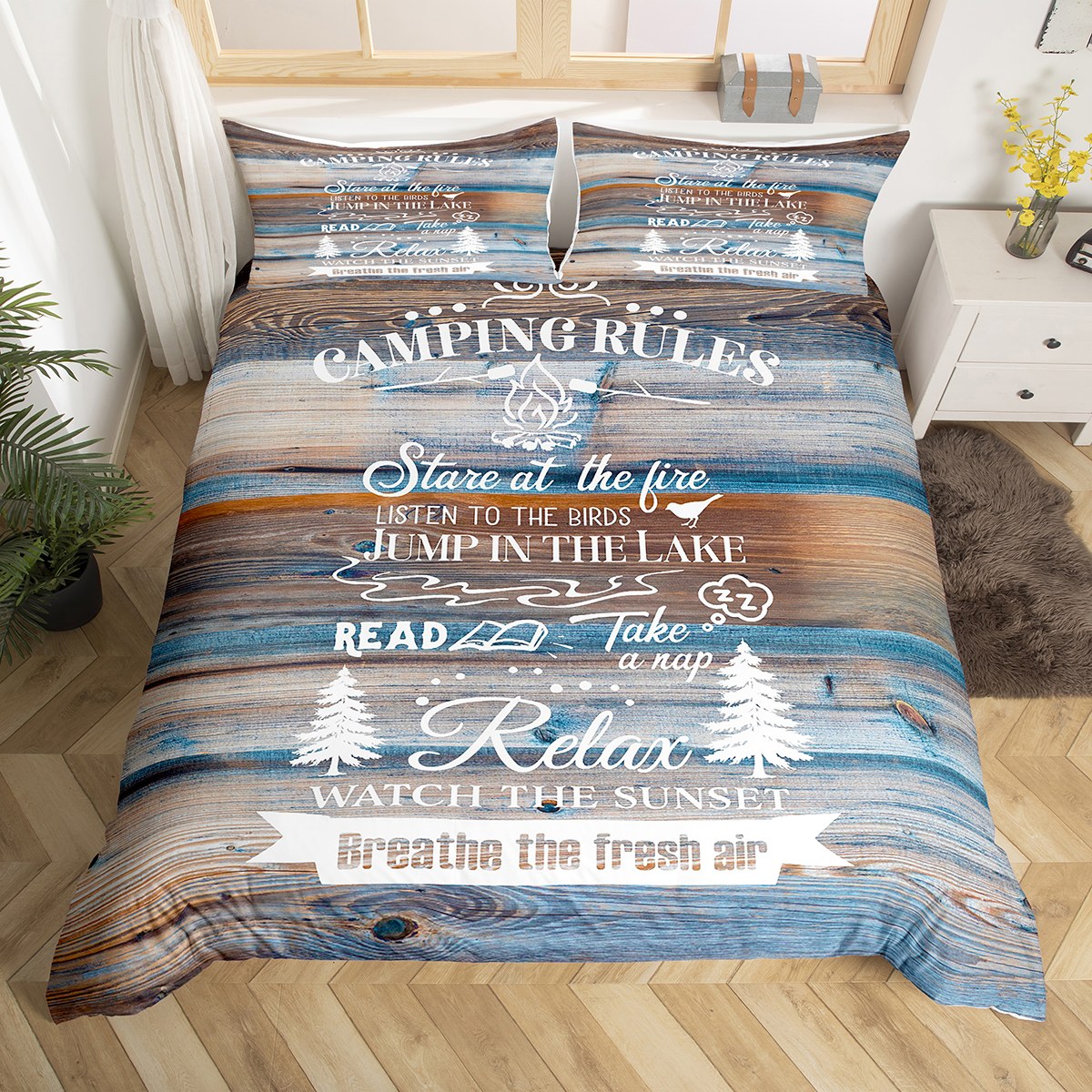 Camping Decor Bedding Set Camping Rules Comforter Cover Queen, Lake