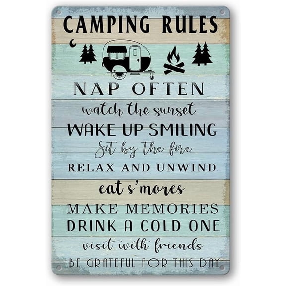 Camping Decor For Camper Camping Rules Sign Metal Tin Signs Lake Camper Door Decorations For Inside Funny Camping Themed Decor Rv Wall Art Decor Cabin Sign 12 X 8 Inch