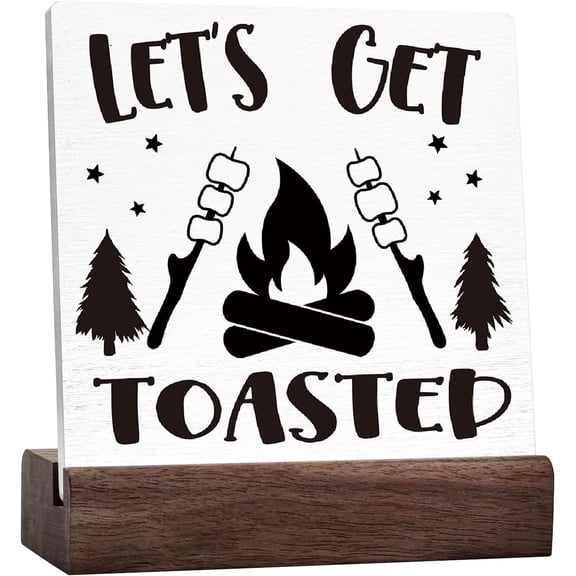 Camping Decor Funny Camping Sign Rustic Let'S Get Toasted Ceramic Table Sign Home Camper Decor,Camper Decorations Accessories For Inside,Camping Gifts