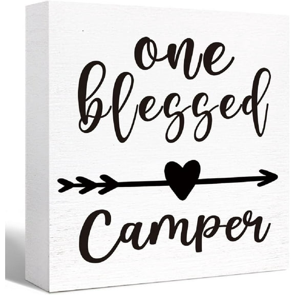 Camping Decor Funny Camping Sign Rustic One Blessed Camper Wood Block Sign Home Camper Decor,Camper Decorations Accessories For Inside,Camping Gifts 7x7 Inch