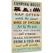 Camping Decor, Retro Wall Poster Plaque Outdoor Sign for Bar, Campsite, Lake House, Cabin, 12x8 Inches Aluminum Metal Sign - Camping Rules