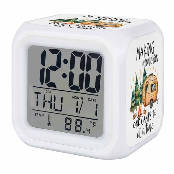Camping Digital Alarm Clock for Bedrooms, Smart LED Alarm Clock with 7 Color Changing Night Light, Fall Summer Nature Forest Car Tree Moon Silent Wake Up Clocks for Sleep Study Cooking 3.2"x3.2"