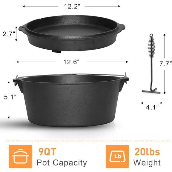 9 Qt Cast Iron Dutch Oven with Lid Lifter - Pre-Seasoned Camping Pot for BBQ Baking Campfire
