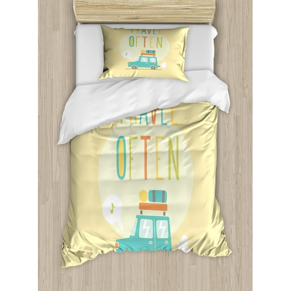 Camping Duvet Cover Set Twin Size, Soft Pastel Color Road Trip Summer Holiday Theme Travel Often Phrase with Car Icon, Decorative 2 Piece Bedding Set with 1 Pillow Sham, Multicolor, by Ambesonne