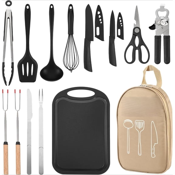 Camping Essential Cookware Set - Portable Camping Kitchen Utensils and Tableware Outdoor Accessories, Stainless Steel and Silicone, RV Picnic BBQ Camping Gear