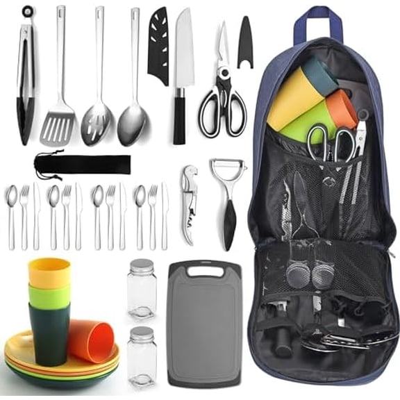 Camping Essentials, Camping Cooking Utensils Set, Camping Accessories Gear Must Haves, Come with Camping Silverware Sets, Plates and Cups, Great for Outdoor Stove, Picnic, BBQ