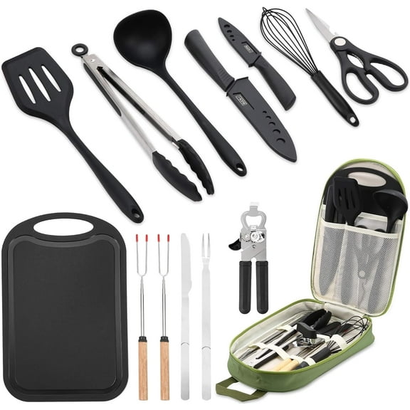 Camping Essentials Cookware Cooking Utensils Set - Portable Camp Kitchen Mess Kit Outdoor Accessories, Stainless Steel & Silicone, Camping Gear Equipment for RV Picnic Grill, 14PCS Green