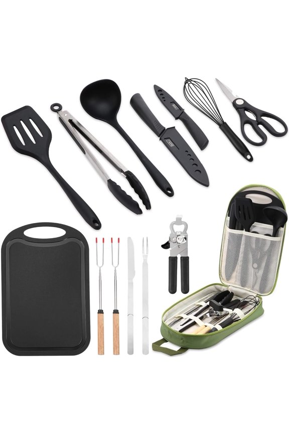Camping Essentials Cookware Cooking Utensils Set - Portable Camp Kitchen Mess Kit Outdoor Accessories, Stainless Steel & Silicone, Camping Gear Equipment for RV Picnic Grill, 14PCS Green