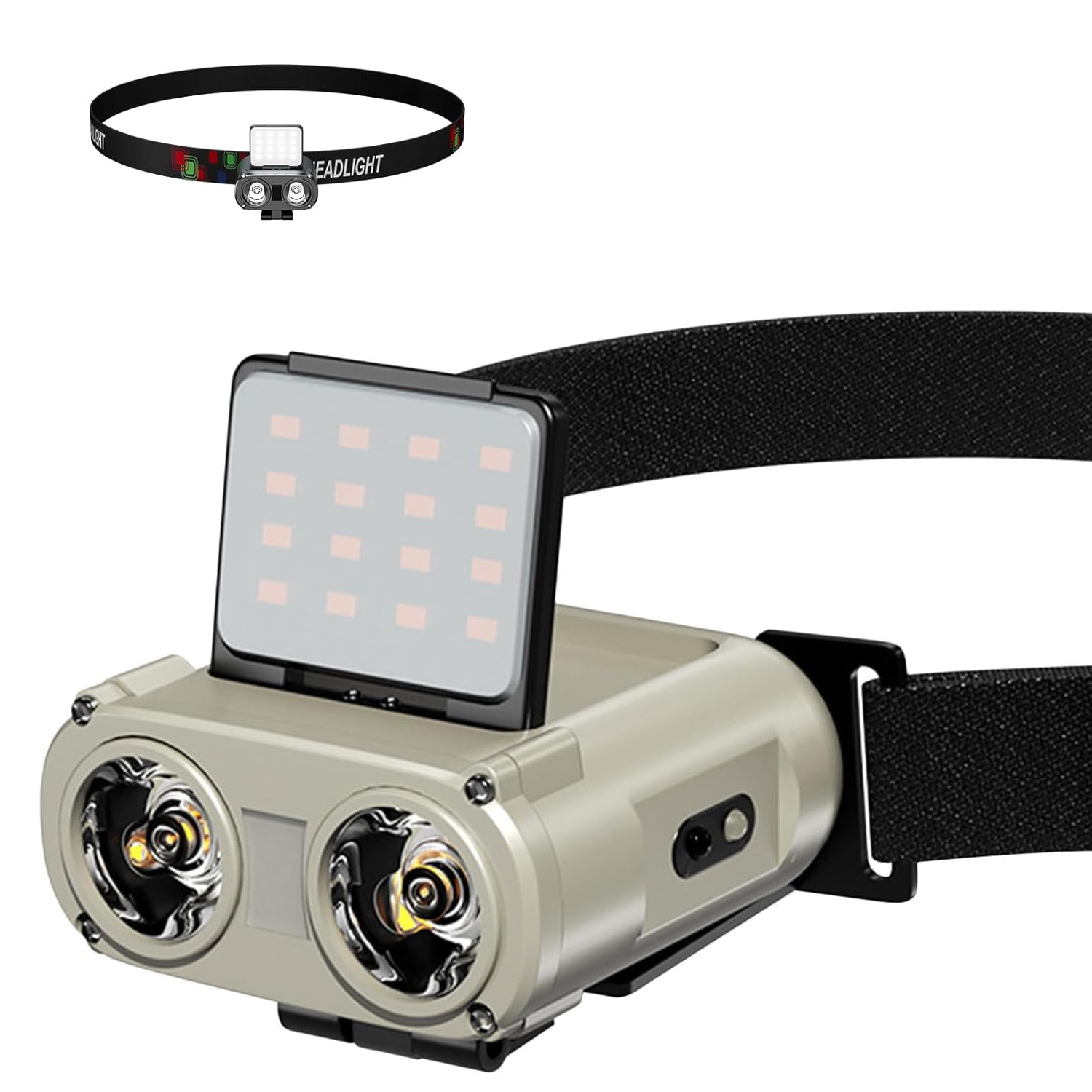 Camping Essentials for Headlamp, LED Rechargeable Light, Stepless Dimming Hands Free Clip on Cap Lights, 90° COB Hat Flashlight Headlamp 1500mhA Battery IPX5 Waterproof for Running, Fishing, Beige