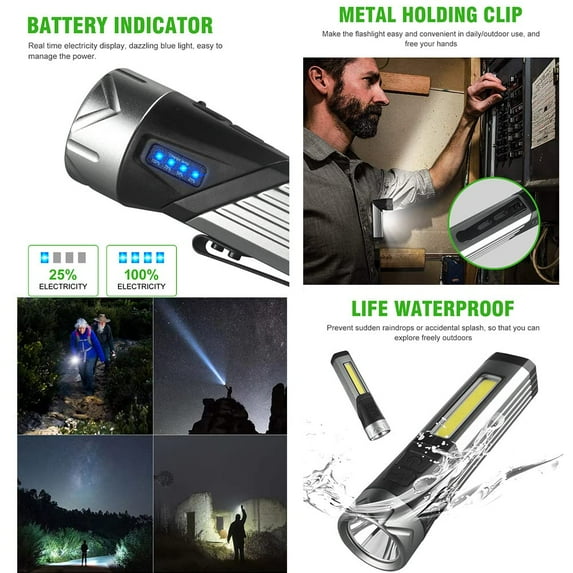 Camping Essentials - Rechargeable Mag Lights Flashlight Emergency Camping Flashlight 90 Degree, 90 Degree Mini Flashlight Ip65 Waterproof, Clip on Flashlight COB Work Light Outdoor, Hiking, Black