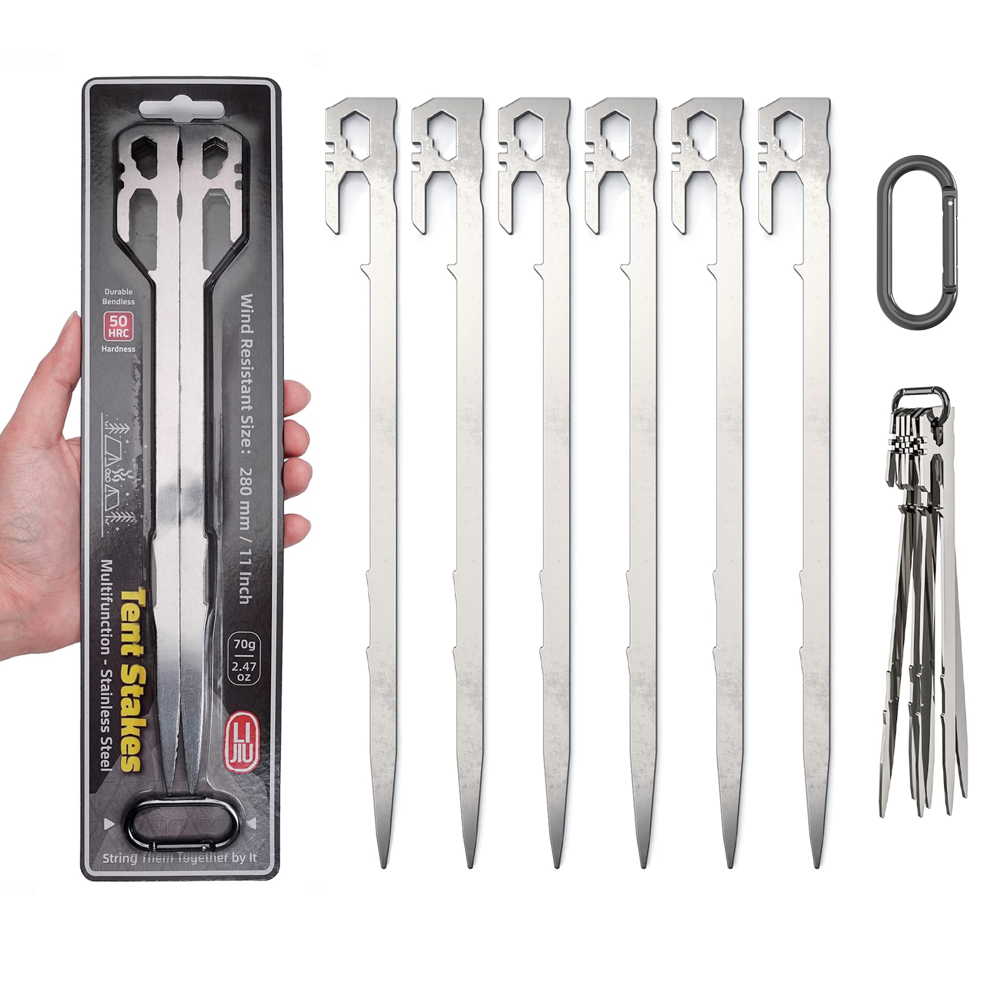 Camping Essentials for Tent Camper. Stainless Steel Heavy Duty Ground Stakes, Light Weight Camping Essentials, 11 inch 2.47 oz, Tent Accessories