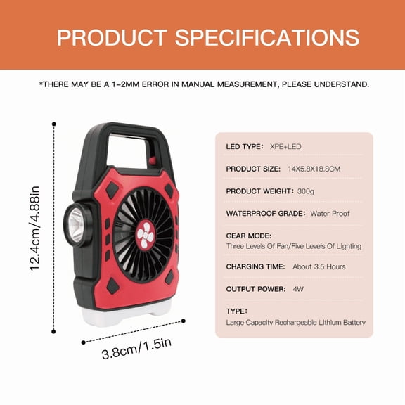 Camping Fan  1200mAh with LED Lamp Portable Fan  USB Rechargeable Fan  Travel Essentials and Camping Essentials  Outdoor Tent Fans with Hanging Hook  Outdoor  Tent  Travel  BBQ  Fishing