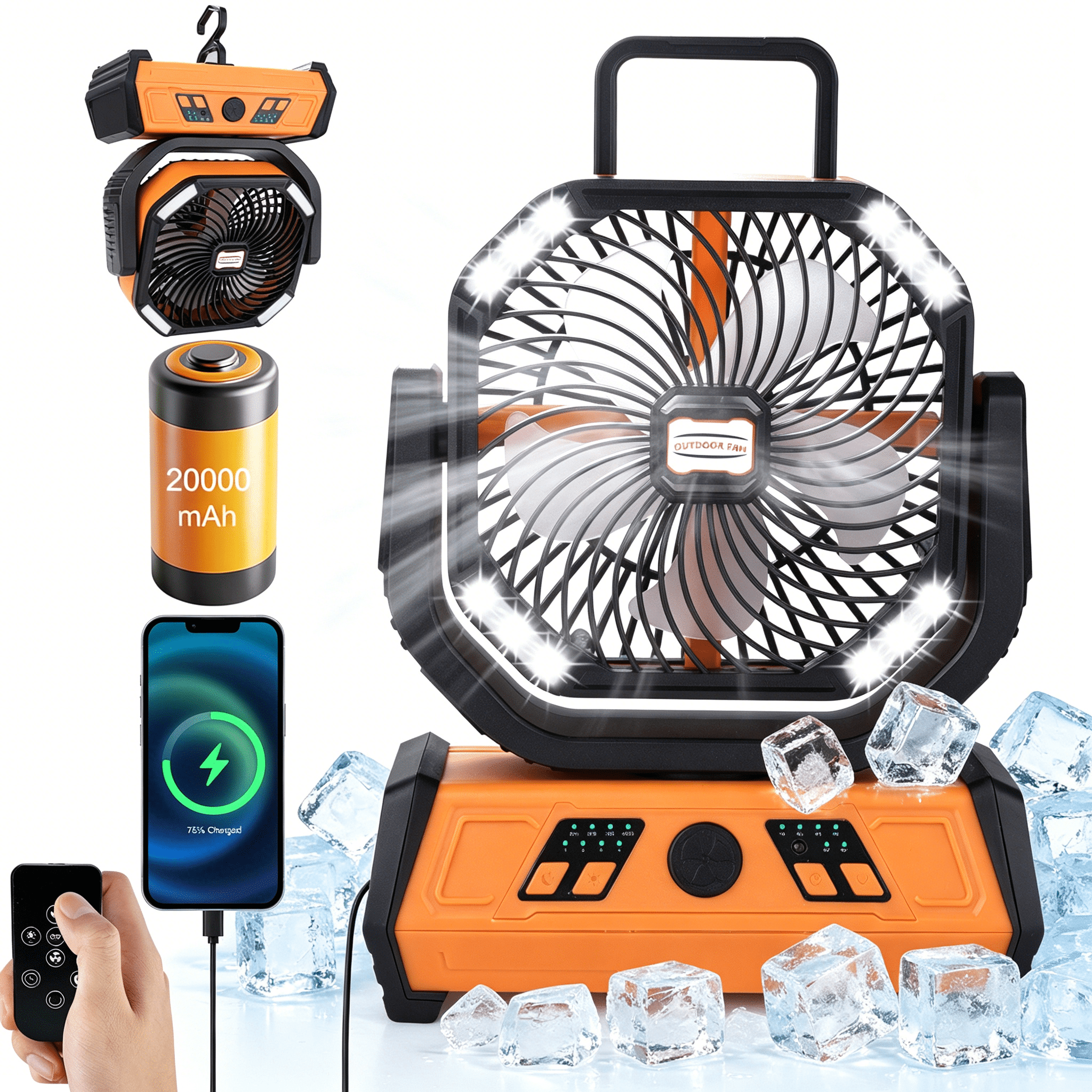 Fylivore Camping Fan, 20000mAh Portable Battery Operated Outdoor with LED Lights & Remote Control, Personal Usb Rechargeable Desk, Room , Orange