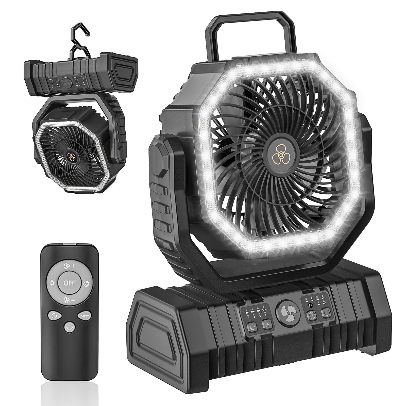 Camping Fan,20000mAh Rechargeable Battery Operated Outdoor Tent Fan with LED Light & Foldable Hook, 4 Speeds with 270° Rotate Pivot for Camping, Barbecue, kitchen, Fishing Construction Sites