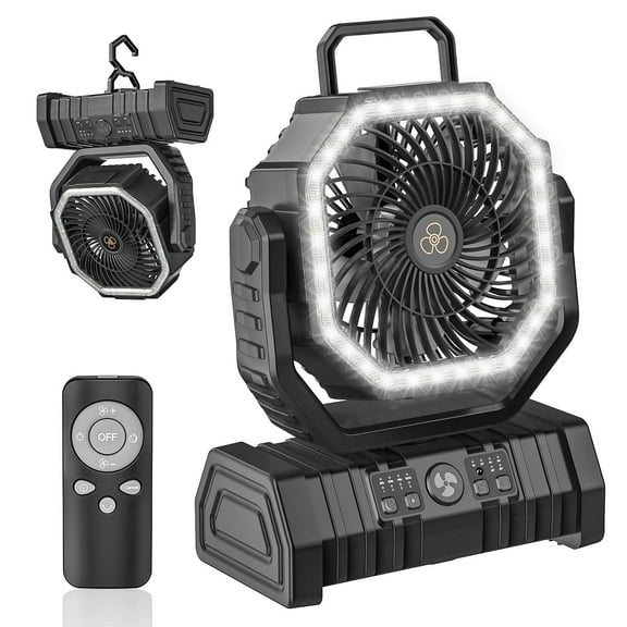Camping Fan,20000mAh Rechargeable Battery Operated Outdoor Tent Fan with LED Light & Foldable Hook, 4 Speeds with 270° Rotate Pivot for Camping, Barbecue, kitchen, Fishing Construction Sites