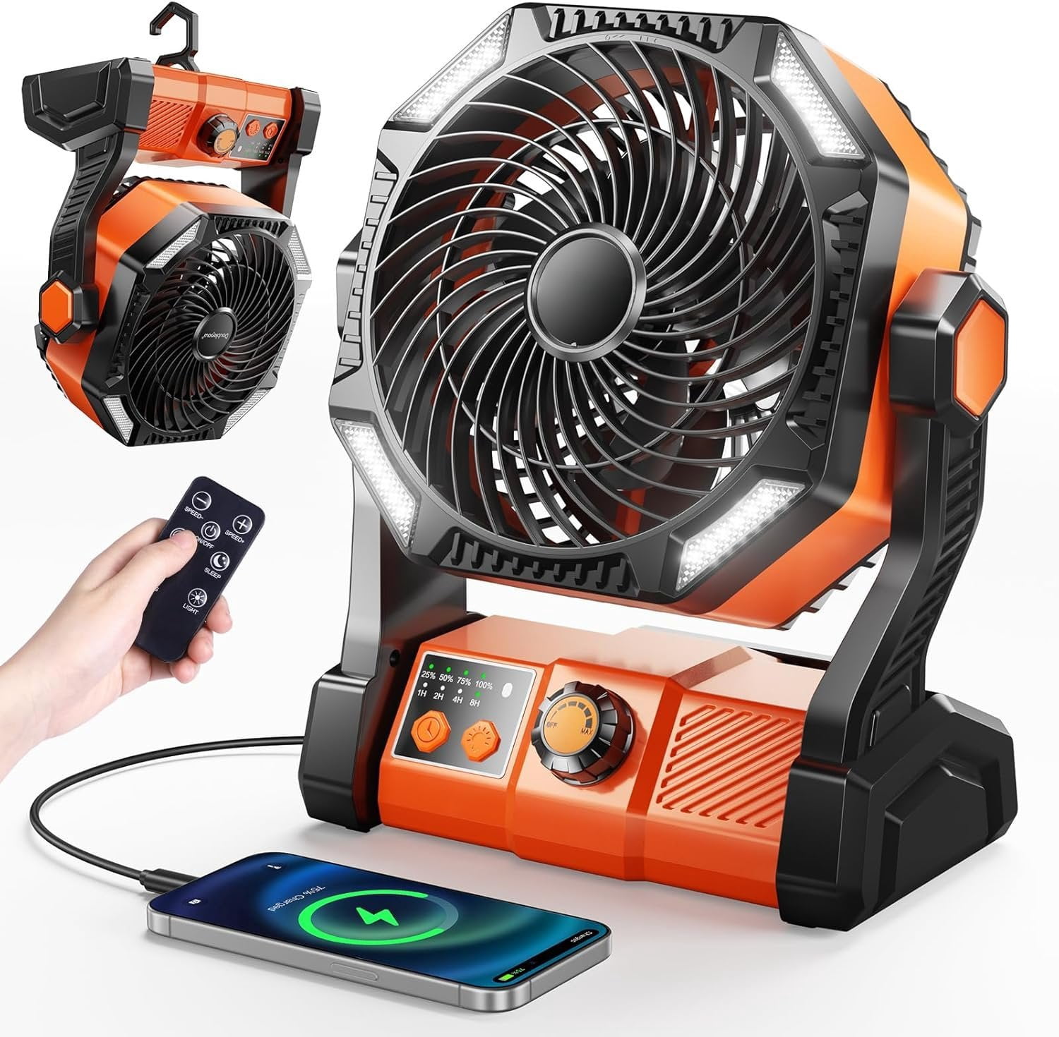Camping Fan, 20000mAh Rechargeable   Outdoor Tent Fan with Light and Hook, 6 Speed, Personal USB Desk Fan for Camping, Fishing, Hurricane, Power Outage Essentials