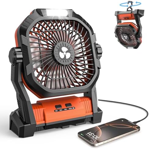 Camping Fan 27000mAh with LED Lantern - Cordless Portable Fan 8 inch USB C Battery Operated Rechargeable Powered Ventilador with Hanging Hook - 250 Rotating 4 Speed Personal Fans for Travel Camping