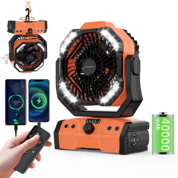 Camping Fan Battery Operated Powered Fan with LED Lantern Light 40000mAh Rechargeable Portable Fan, Oscillating Fan with 270° Rotation Hanging Hook for Tents, Cordless USB Desk Fan