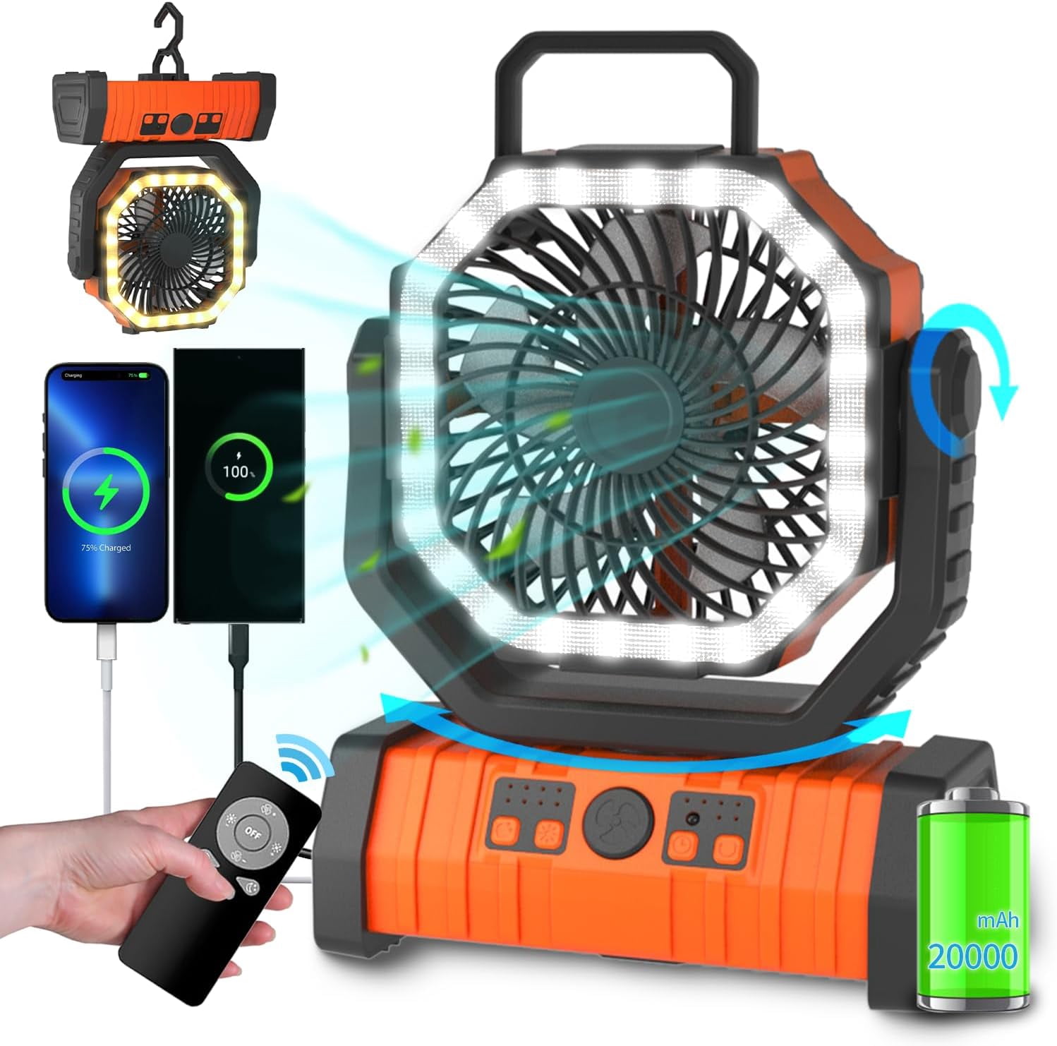 Camping Fan Battery Operated Powered Fan with LED Lantern Light 20000mAh Rechargeable Portable Fan, Oscillating Fan with 360° Rotation Hanging Hook for Tents, Cordless USB Desk Fan(Orange)