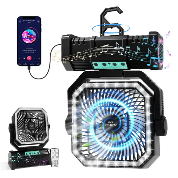 Camping Fan with Bluetooth Speaker, 20000mAh Rechargeable Battery Powered Fan with LED Light, Remote Control, Timer, Power Bank, 360° Hook, Tent Fan for Camping, Outdoor, Emergency Use, Black