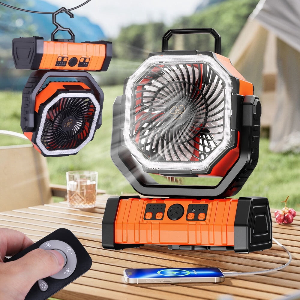 Camping Fan, Kepeak 20000mAh Rechargeable Personal Fan with Remote, Light, and Hook for Travel, Camping, Tent, Office - Orange